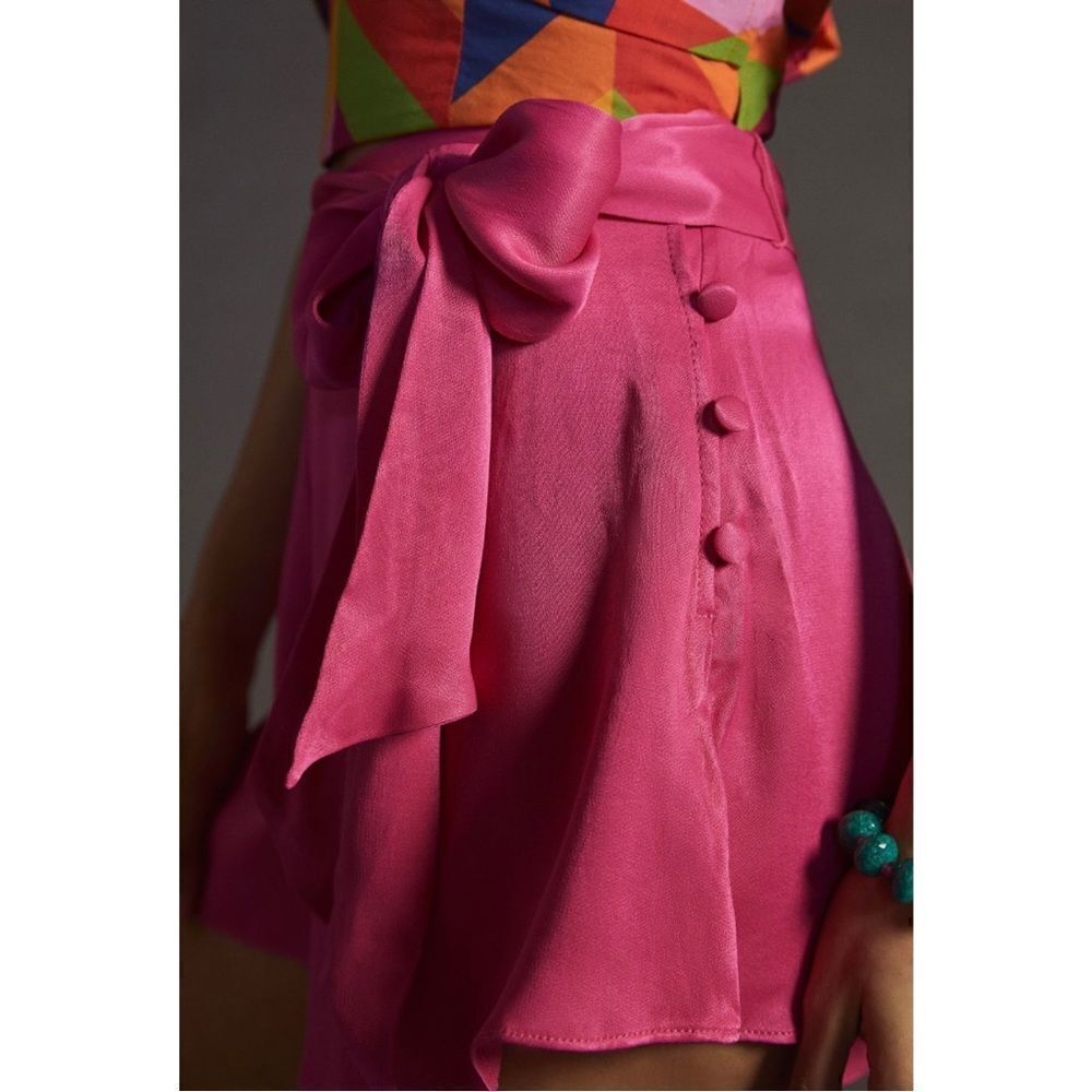 NEW Anthropologie Maeve Silky Pink Bow-Tie Waist Button Skirt Short SkortโSizeโ4 - Picture 2 of 4
